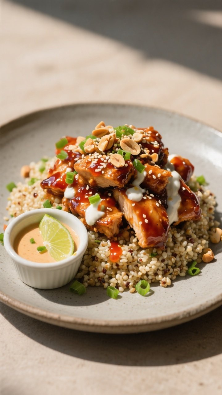 Final plated beauty: Restaurant-quality presentation of Spicy Honey Chicken Bowl on a matte stonewar