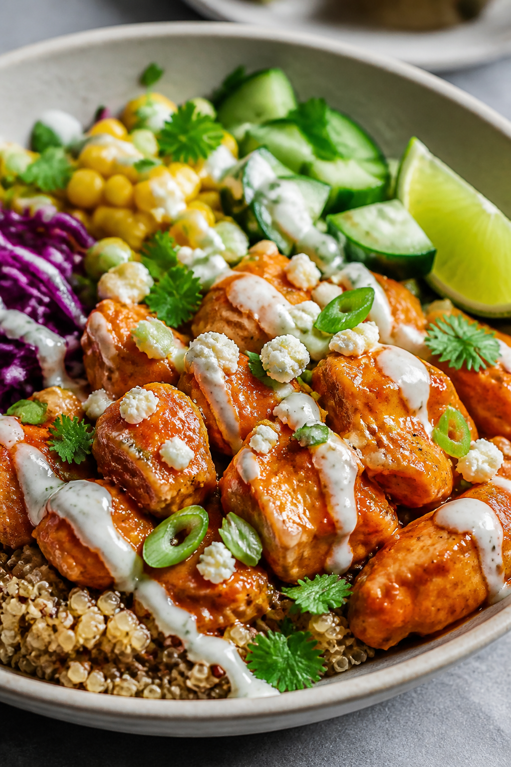 Final plated beauty shot: Close-up of a single buffalo ranch chicken bowl built on quinoa, showcasin