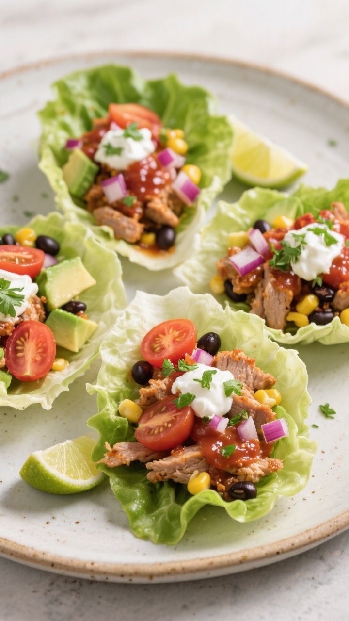 Final plated beauty shot: High Protein Turkey Taco Lettuce Wraps arranged on a ceramic platter, each