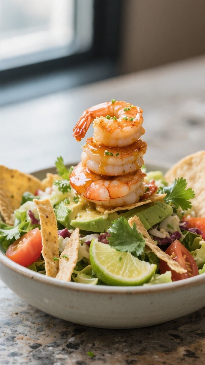 Final plated beauty shot: Restaurant-quality presentation of the completed Honey Lime Shrimp Taco Sa