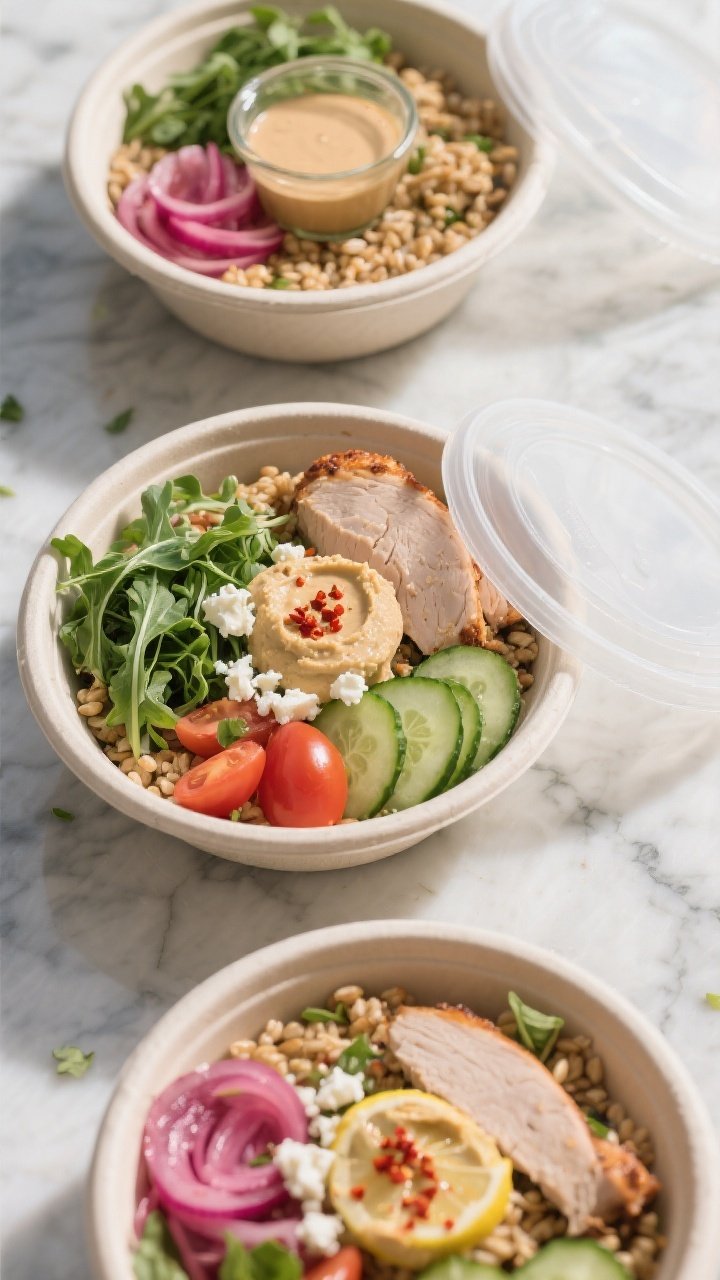 Final plated beauty shot: Three meal-prep style bowls arranged diagonally, each with farro as the ba