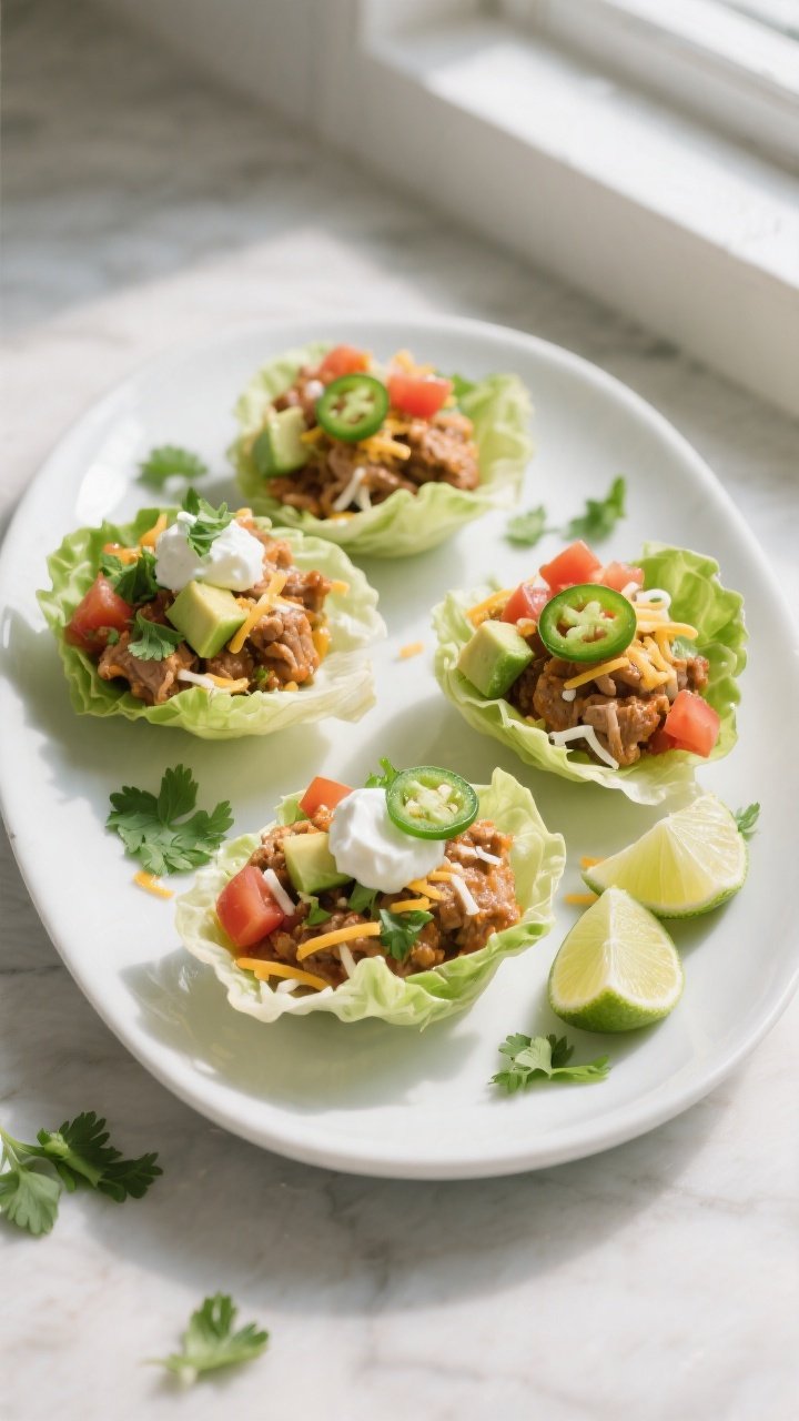 Final plated beauty shot: Turkey taco lettuce wraps arranged on a matte white oval platter, each but