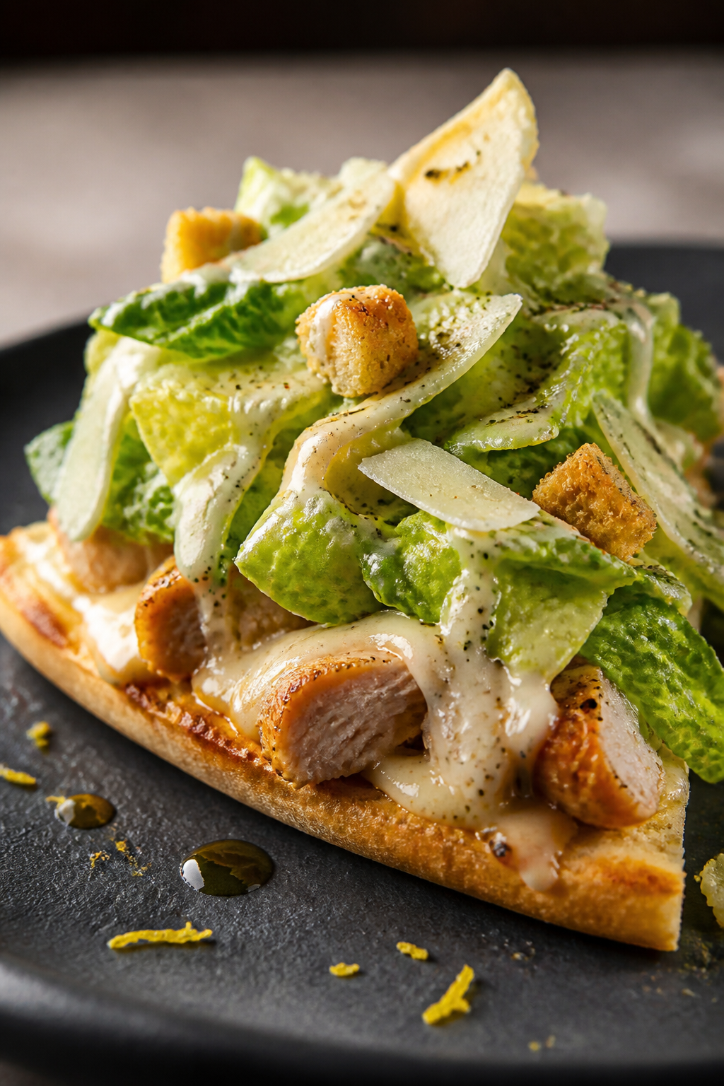 Final plated beauty: Single flatbread wedge on a dark slate plate for contrast, showcasing layers—