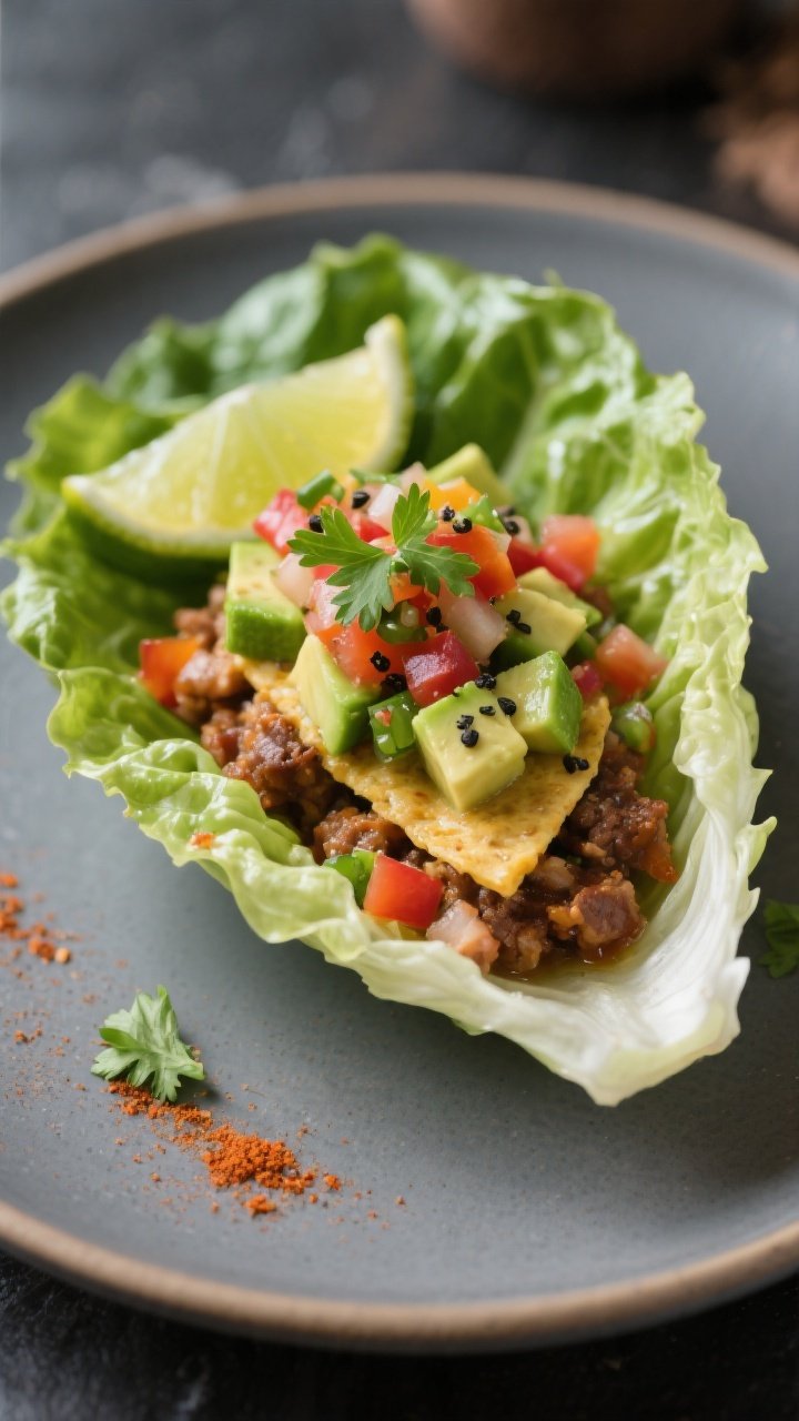 Final plated beauty: Single lettuce wrap hero shot on a slate-grey plate—romaine heart “boat”