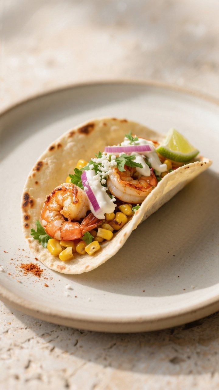Final plated beauty: Single taco hero shot, three-quarter angle, restaurant-quality presentation—t