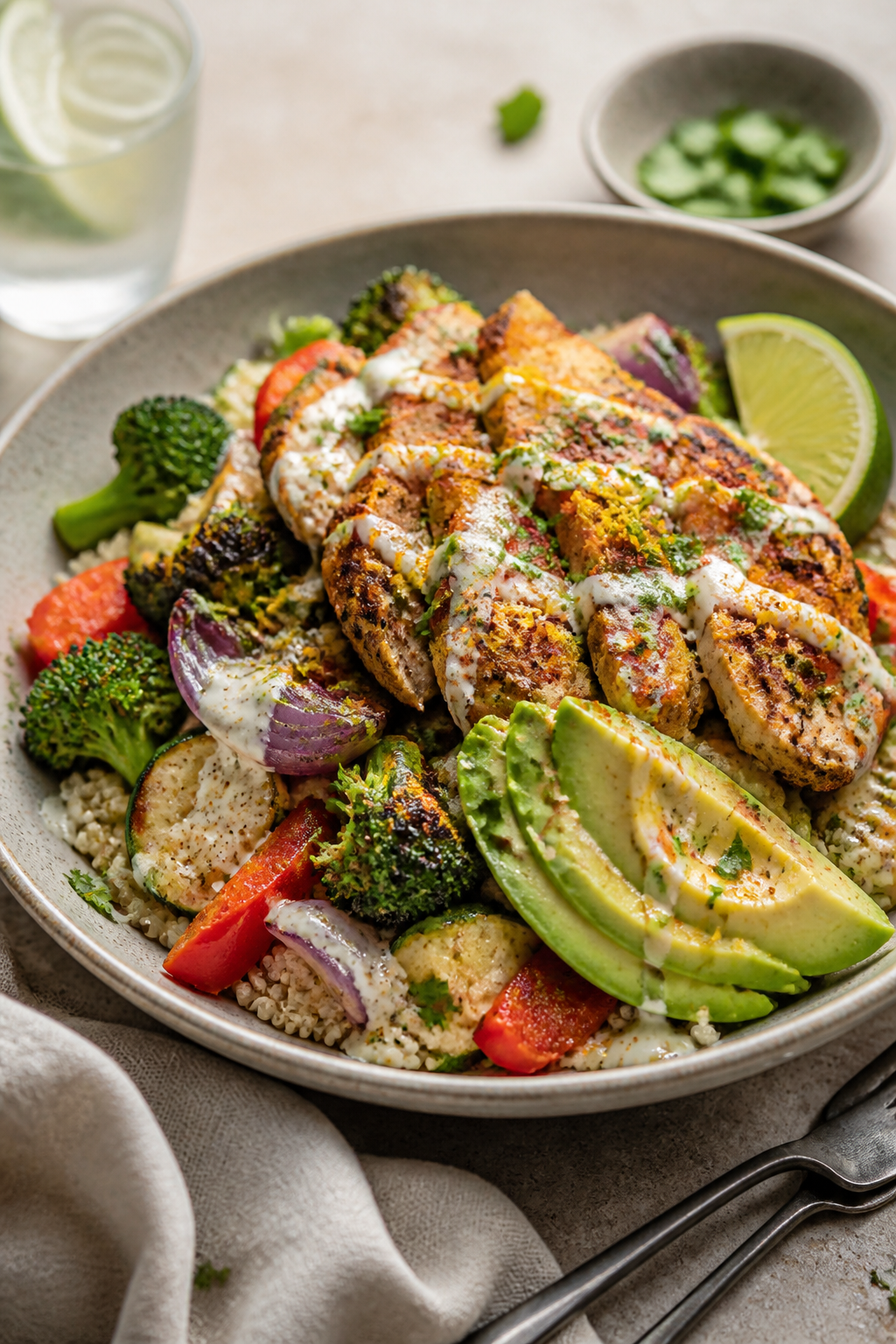 Final plated bowl, : Beautifully assembled Air Fryer Chicken & Veggie Bowl on a wide, shallow cerami