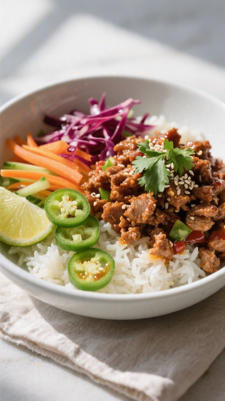 Final plated bowl: Beautifully composed Spicy Ground Turkey Bowl over fluffy jasmine rice in a matte
