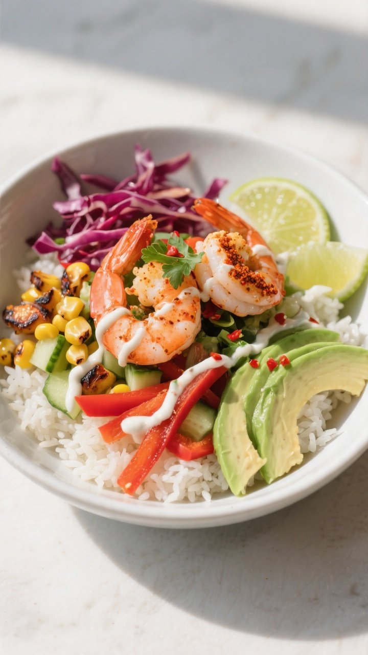 Final plated bowl, : Beautifully plated Chili Lime Shrimp Bowl in a wide matte-white bowl over fluff