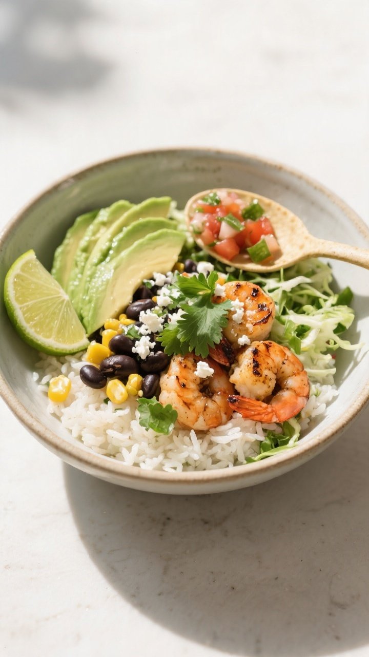 Final plated bowl beauty: Cilantro lime shrimp taco bowl in a wide, shallow ceramic bowl—fluffy ci