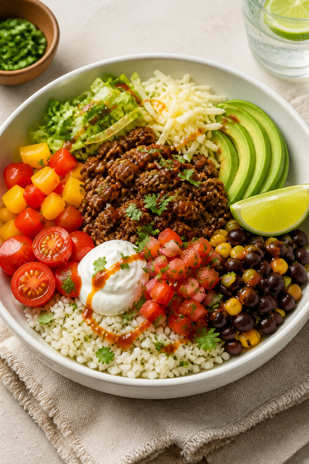 Final plated bowl beauty: Protein-packed ground beef burrito bowl artfully arranged in a wide, matte