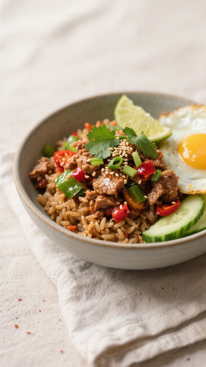 Final plated bowl beauty: Restaurant-quality spicy ground turkey bowl composed over fluffy brown ric