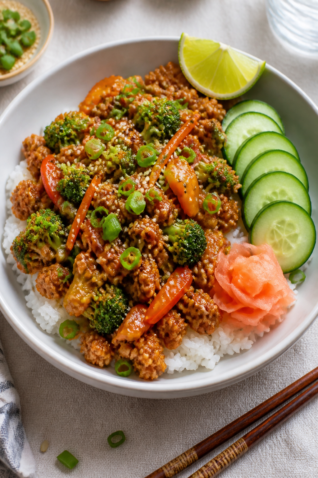 Final plated bowl beauty shot: Beautifully composed Ground Turkey Teriyaki Bowl in a matte white cer