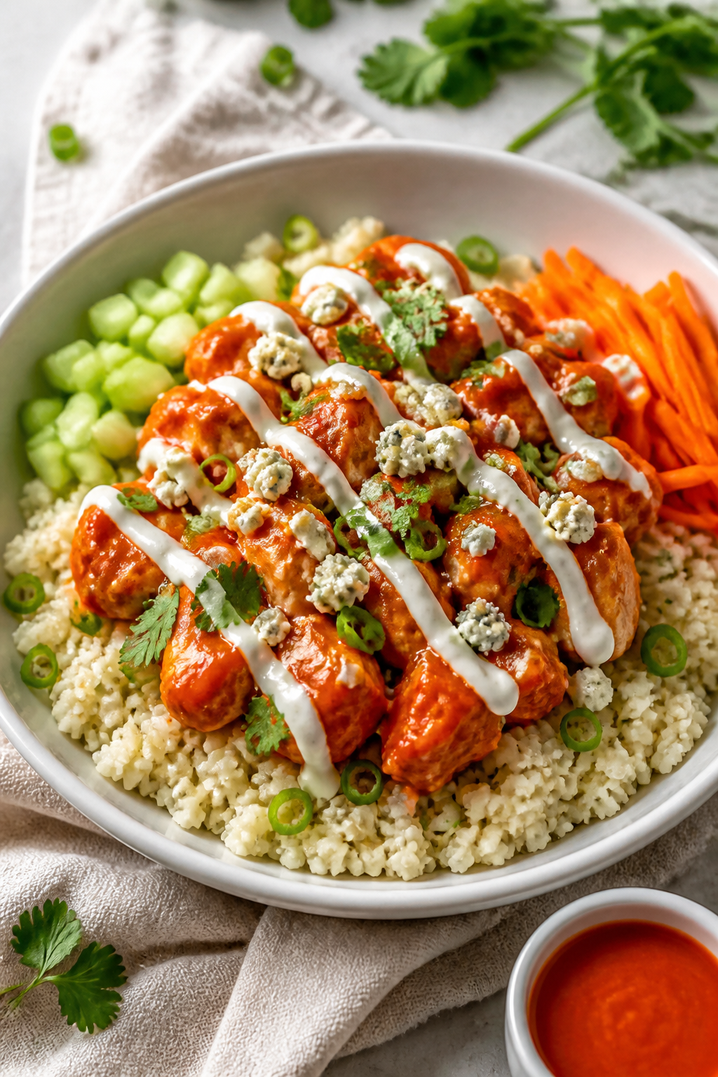 Final plated bowl beauty shot: Low Carb Buffalo Chicken Rice Bowl neatly assembled in a matte white 