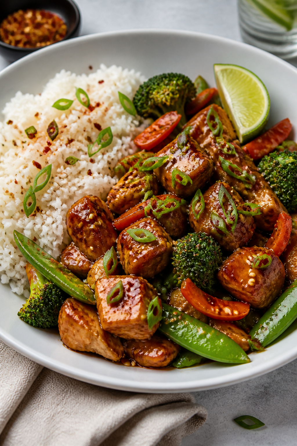 Final plated bowl beauty: Teriyaki chicken rice bowl plated in a wide matte-white bowl—fluffy jasm