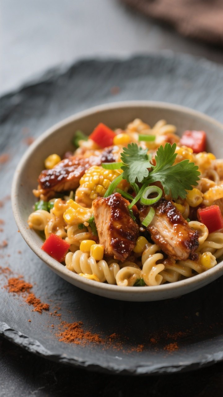 Final plated bowl: Close-up detail of a single serving bowl of BBQ Chicken Macaroni Salad styled for