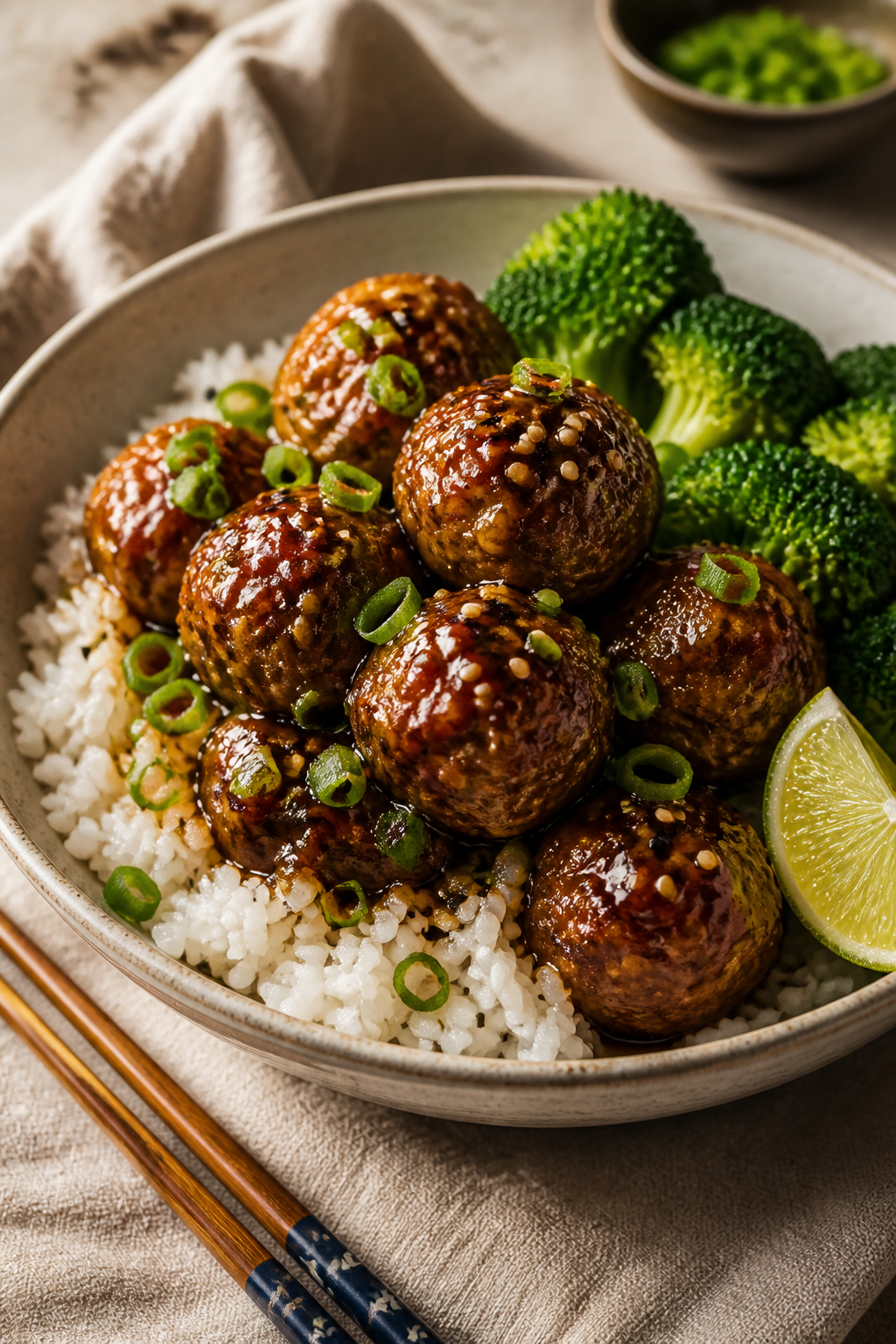Final plated bowl, cozy weeknight vibe: Sticky honey garlic meatballs stacked over fluffy jasmine ri