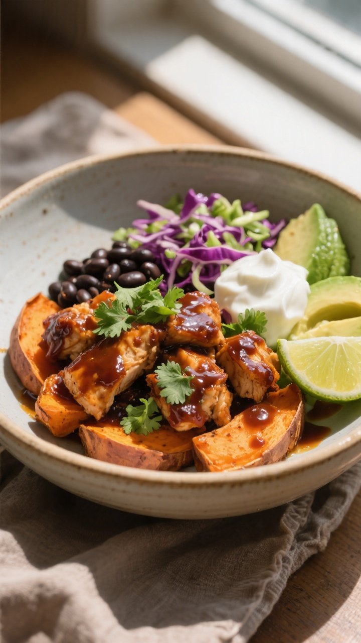 Final plated bowl, hero shot: A beautifully composed BBQ Chicken Sweet Potato Bowl in a wide, shallo