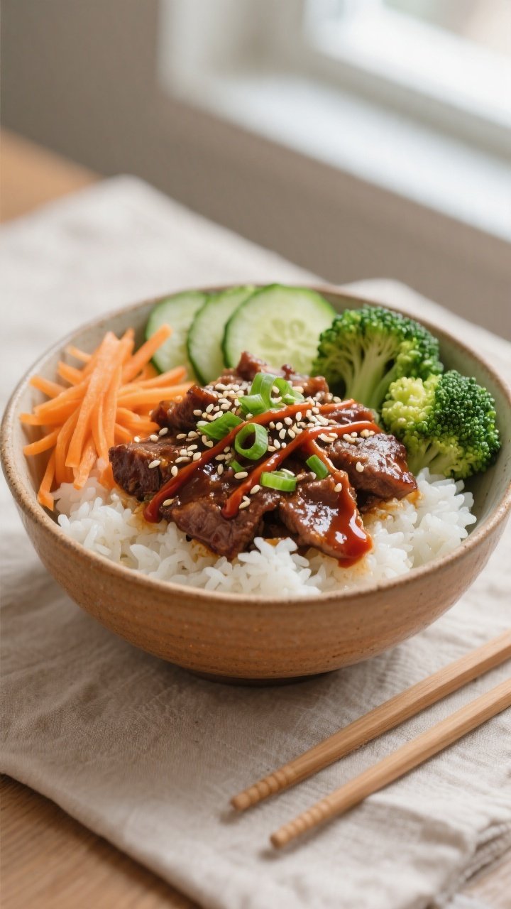 Final plated bowl hero shot: Beautifully plated High-Protein Korean Beef Bowl in a warm ceramic bowl