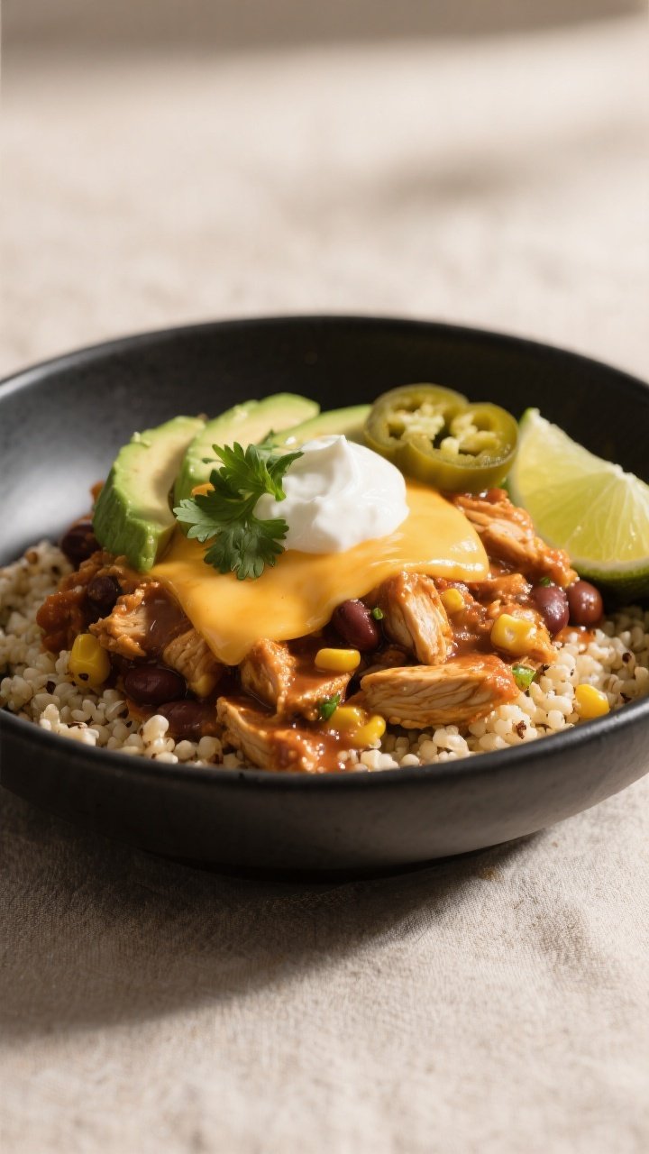 Final plated bowl hero shot: High Protein Chicken Enchilada Bowl layered over fluffy quinoa in a mat