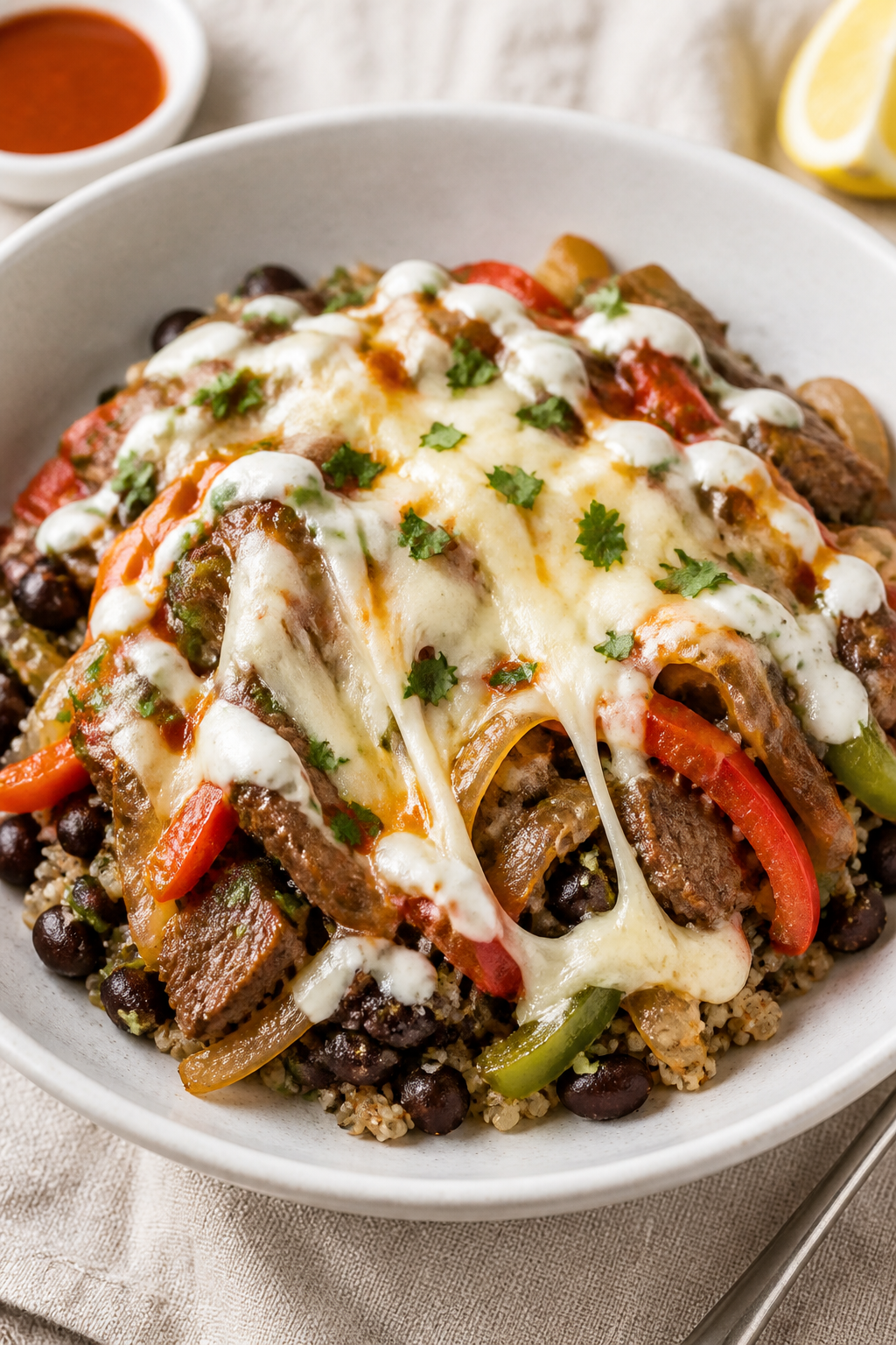 Final plated bowl, : Protein-Packed Philly Cheesesteak Bowl assembled over fluffy quinoa and black b