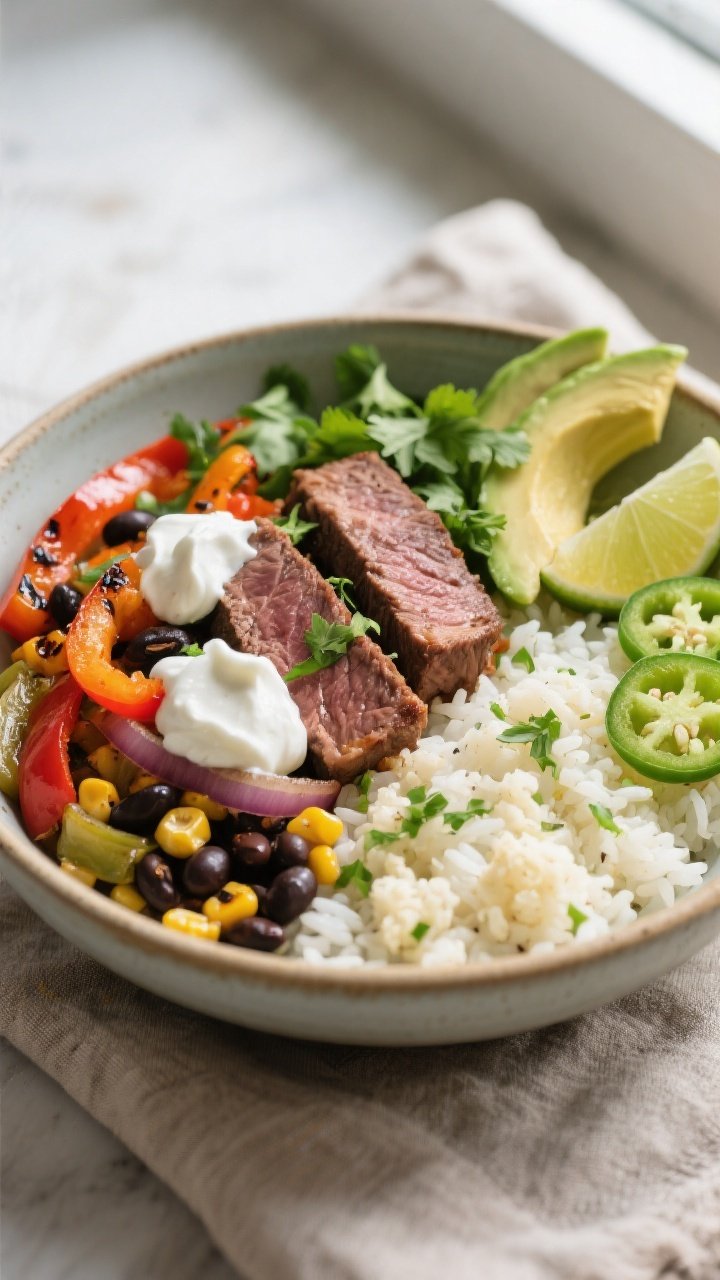 Final plated bowl, restaurant-quality: Beautifully plated high-protein steak fajita bowl in a wide c