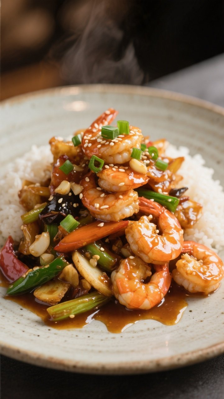 Final plated, close-up beauty: Restaurant-quality plating of the finished shrimp stir fry without ri
