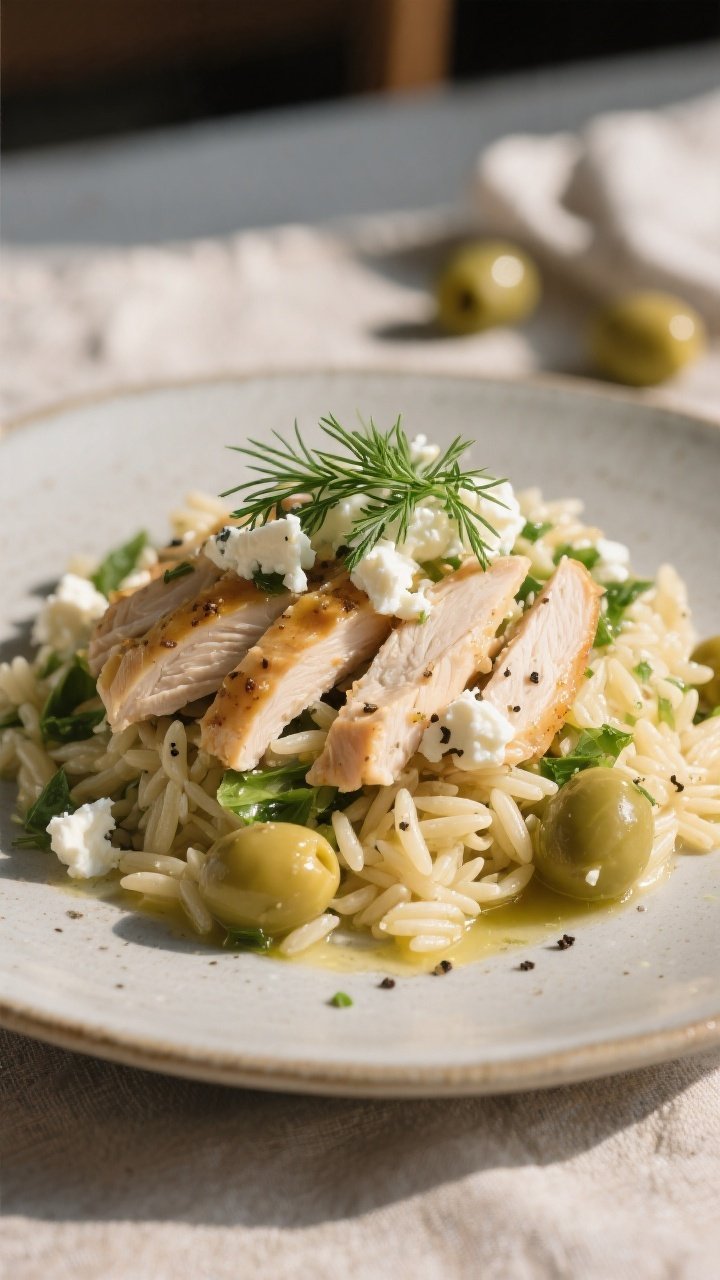Final plated close-up: Individual portion of Greek Chicken Orzo Salad mounded on a matte ceramic pla