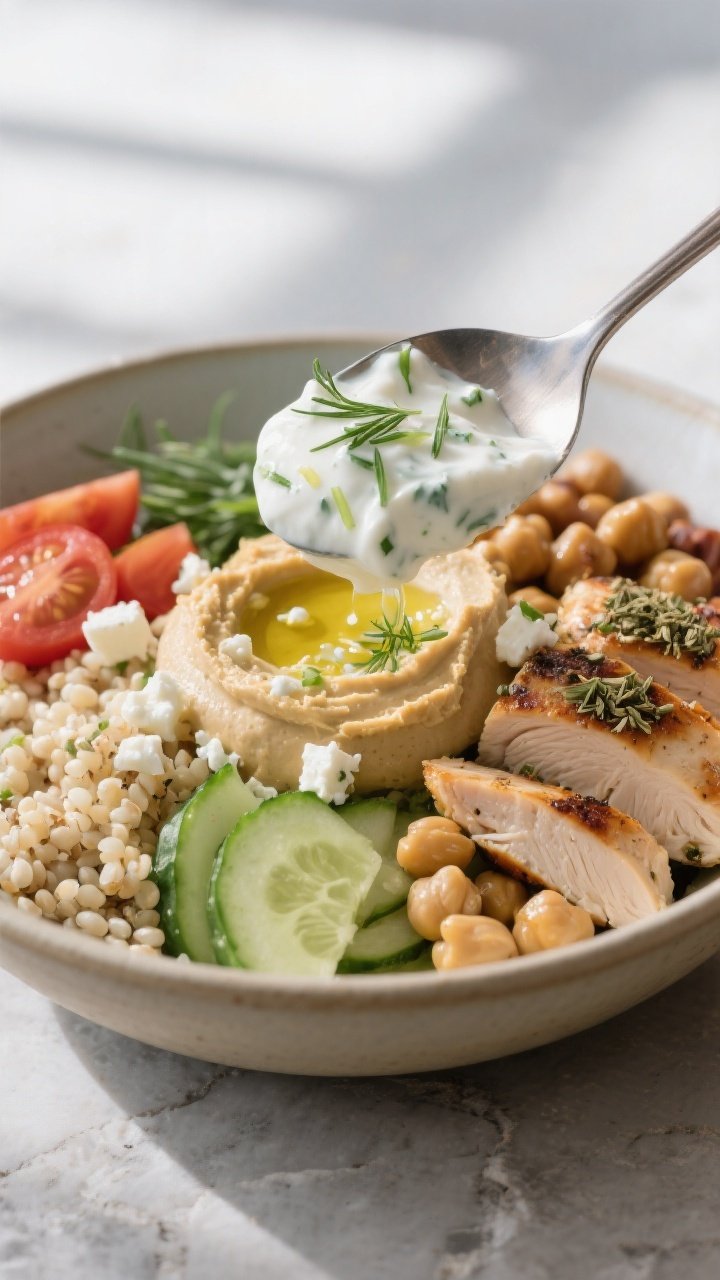 Final plated detail: Close-up of a spoonful of creamy Greek yogurt tzatziki being dolloped over a co