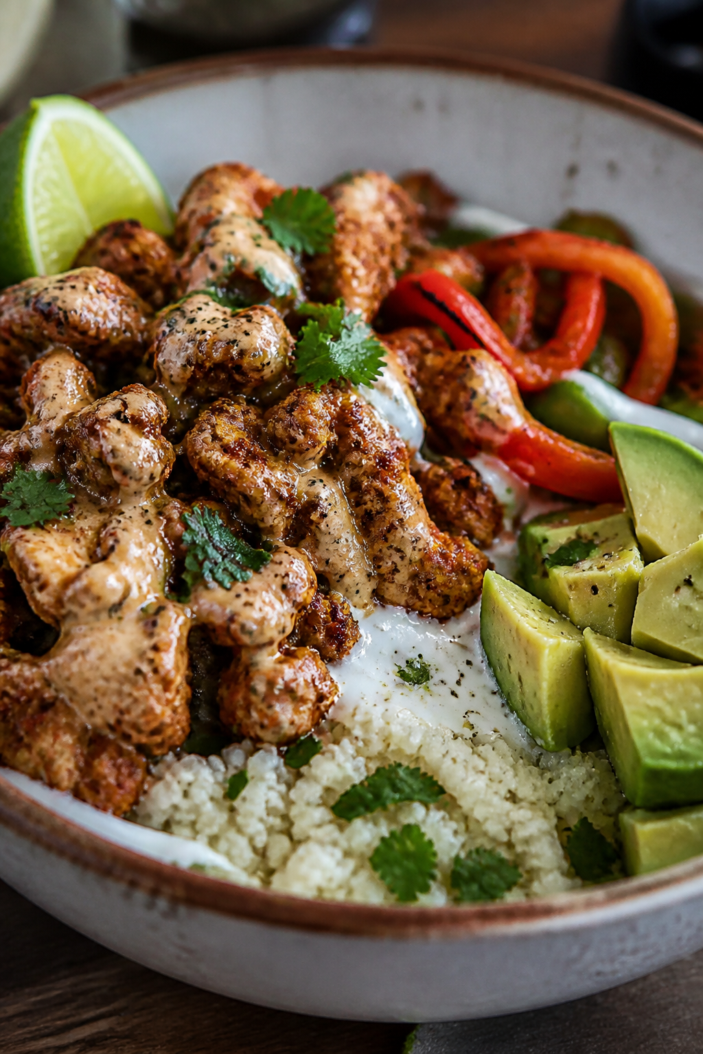 Final plated detail: Close-up of the finished bowl focusing on textures—pearled cauliflower rice g