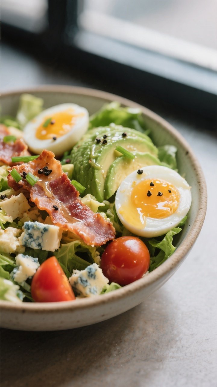 Final plated detail: Close-up, three-quarter angle of a single serving of the Cobb salad in a shallo