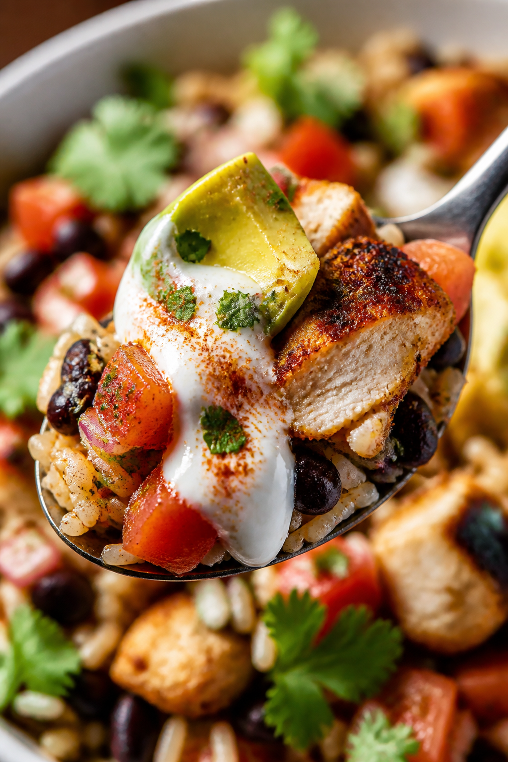 Final plated detail: Extreme close-up of a single finished burrito bowl bite scooped into a shallow 
