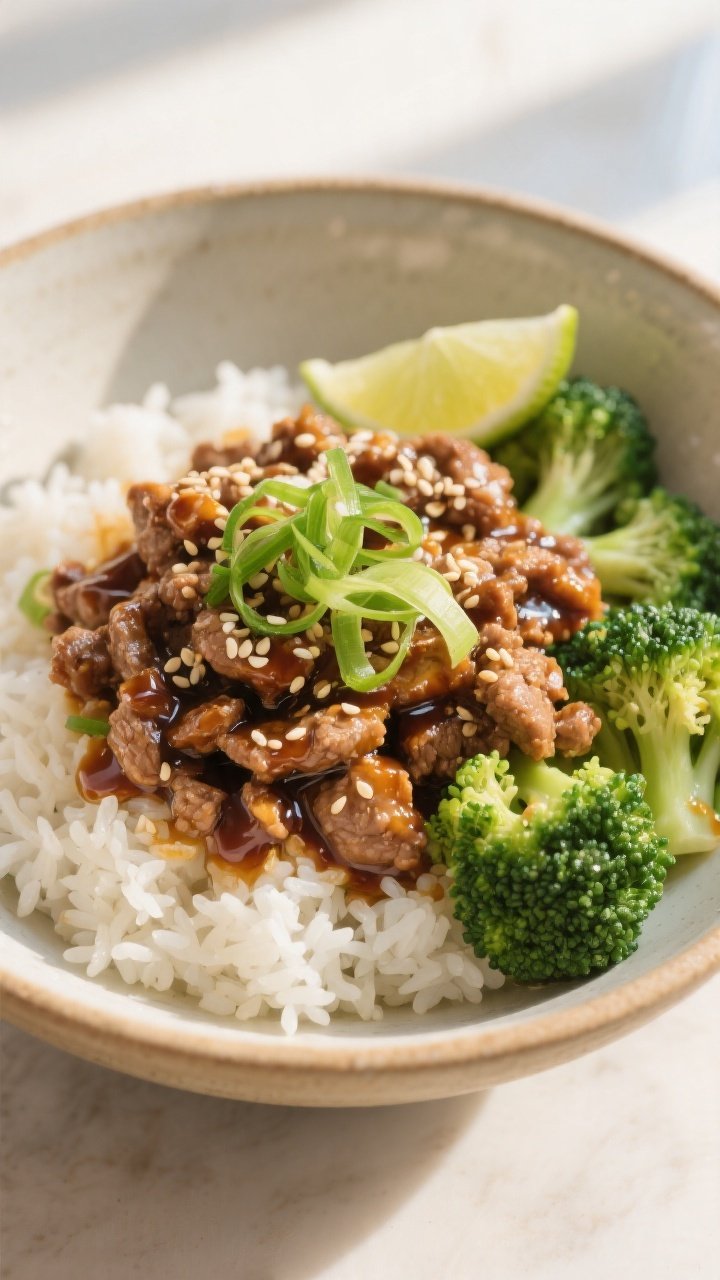 Final plated dish: Beautifully composed Ground Turkey Teriyaki Bowl served over fluffy jasmine rice,