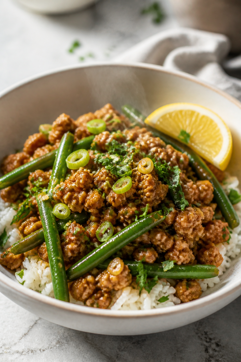 Final plated dish, : Beautifully plated bowl of garlic butter ground turkey and green beans over flu
