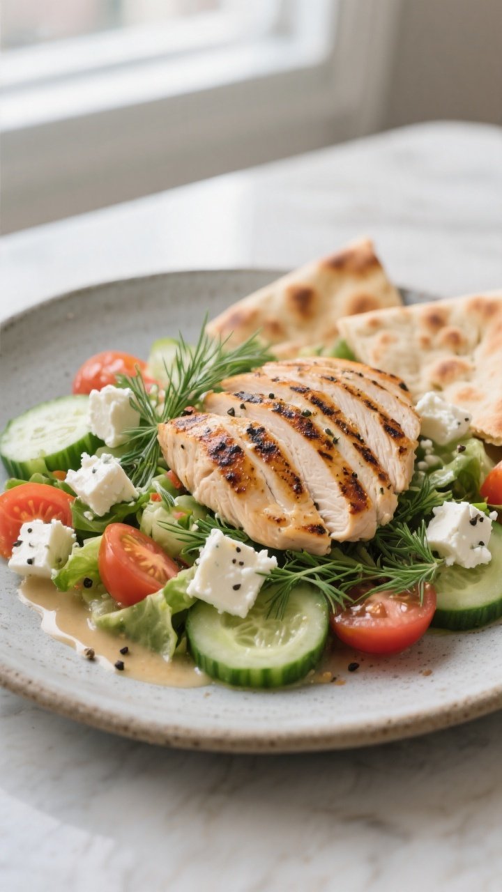 Final plated dish: Beautifully plated Greek Chicken Cucumber Feta Salad as a hearty main—sliced ju