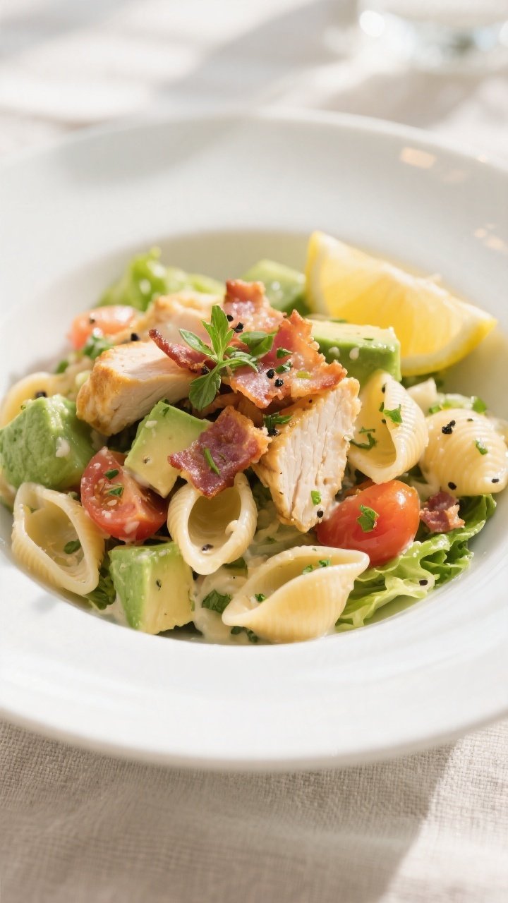 Final plated dish: Beautifully plated Healthy BLT Pasta Salad with Chicken in a wide, shallow white