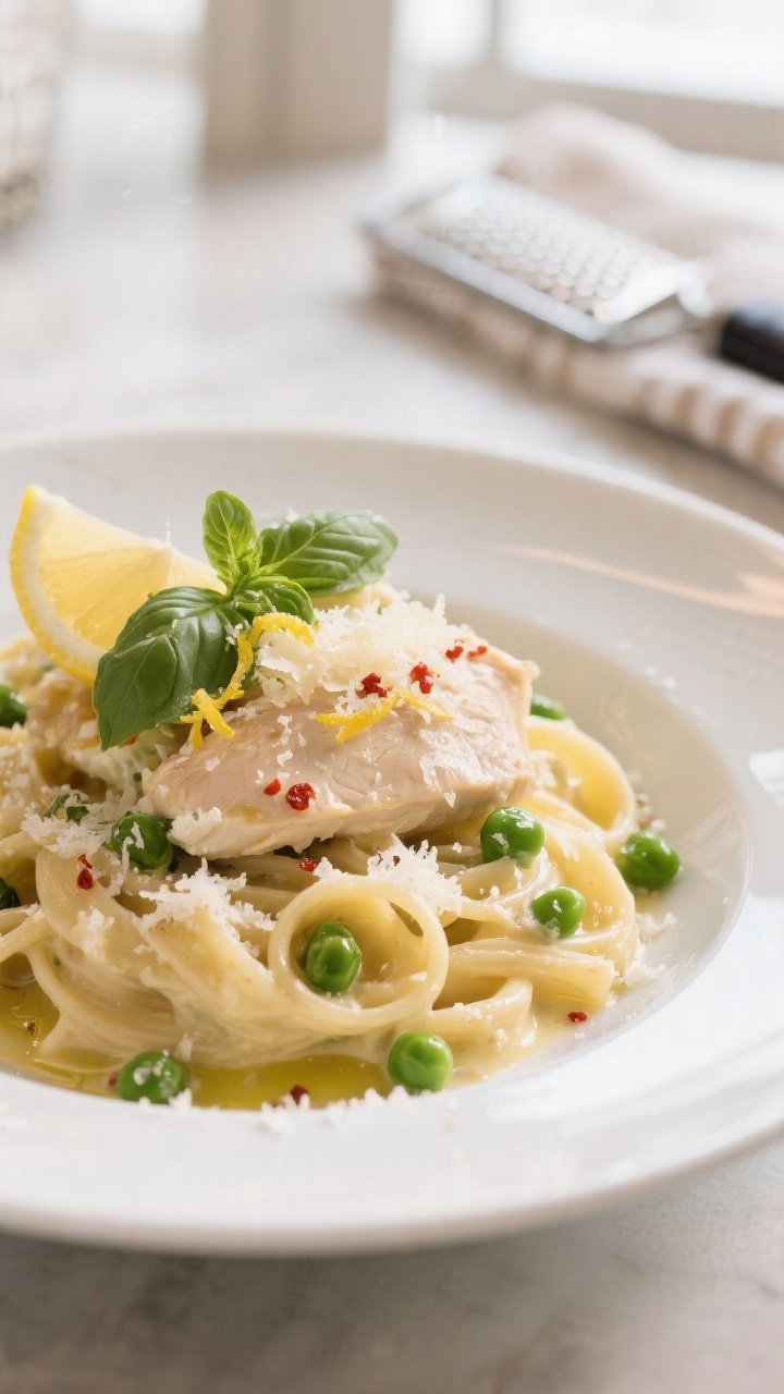 Final plated dish, : Beautifully plated Lemon Ricotta Pasta with Chicken in a shallow white bowl—c