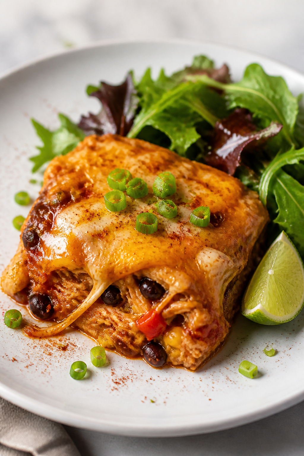Final plated dish: Beautifully plated square of High Protein BBQ Chicken Casserole on a matte white 