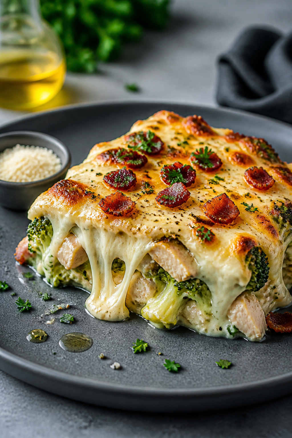 Final plated dish beauty: A single generous serving of Chicken Bacon Alfredo Bake plated on a wide m