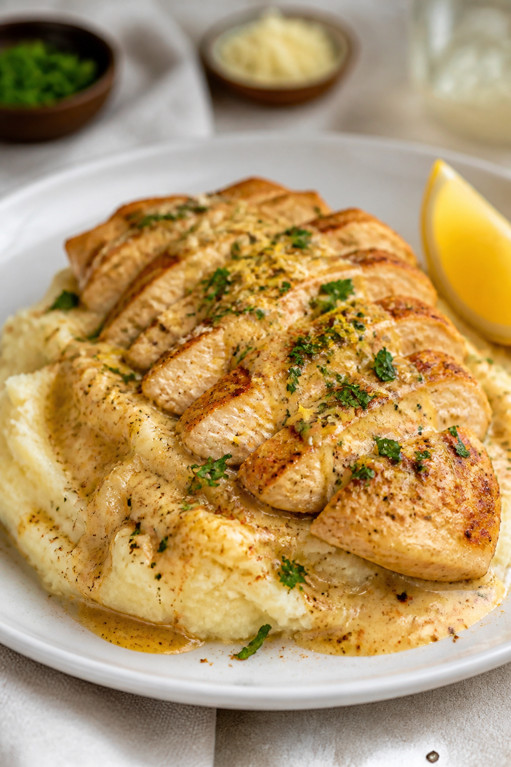 Final plated dish beauty: Million Dollar Creamy Garlic Chicken sliced and fanned over buttery mashed