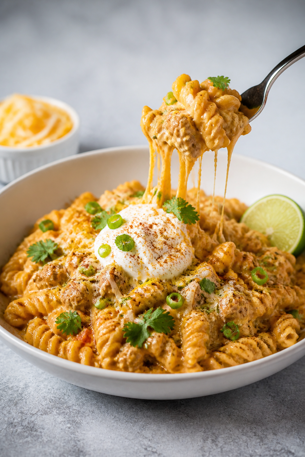 Final plated dish beauty: Restaurant-quality bowl of creamy taco pasta twirled high with rotini, che