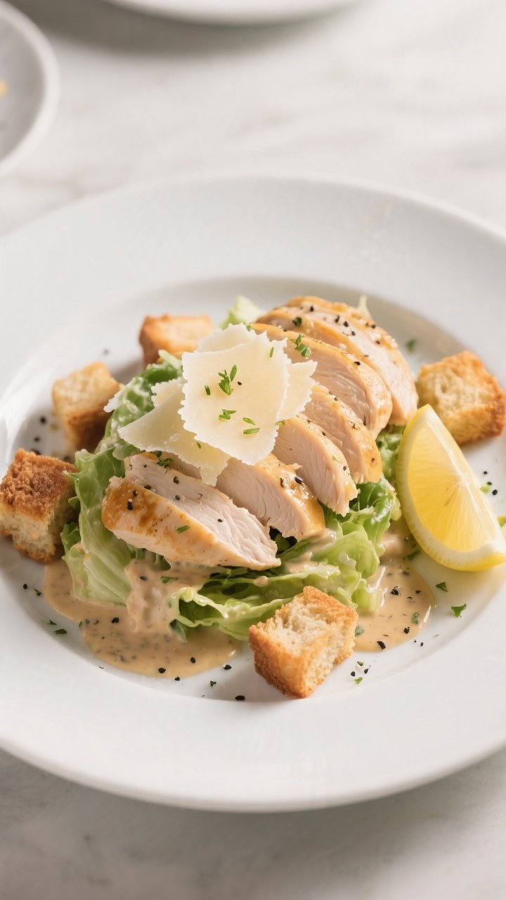 Final plated dish beauty: Restaurant-quality plate of “Million Dollar Chicken Caesar” composed o