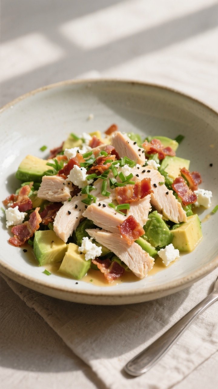 Final plated dish beauty: Restaurant-quality plate of Chicken Bacon Avocado Chop Salad, neatly compo