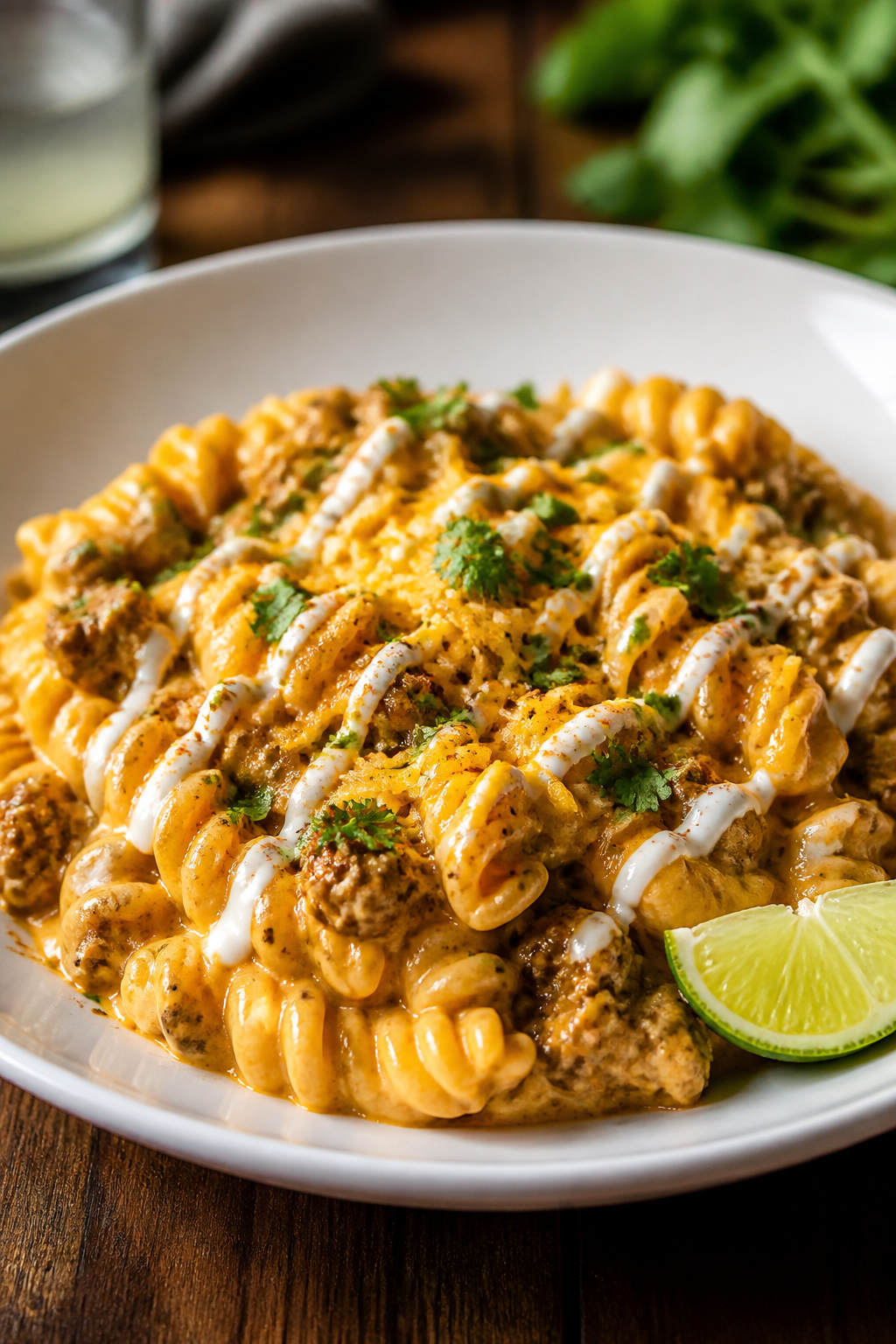 Final plated dish beauty: Restaurant-quality presentation of a generous scoop of creamy taco pasta o