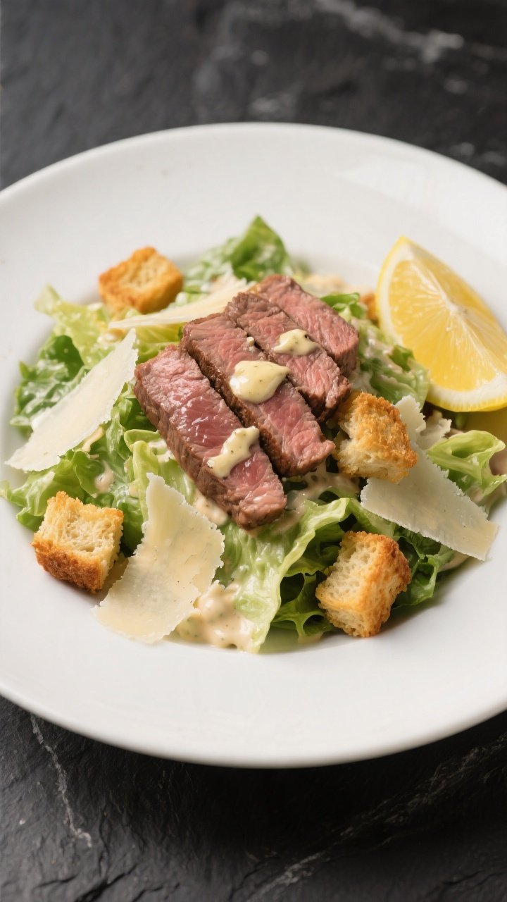 Final plated dish beauty shot: Garlic Butter Steak Caesar Salad elegantly arranged on a wide matte-w