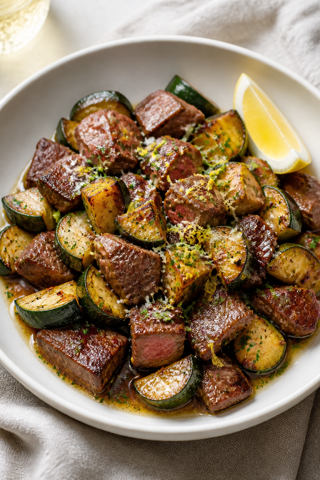 Final plated dish beauty shot: Garlic Butter Steak & Zucchini Skillet plated in a wide, warm-white s