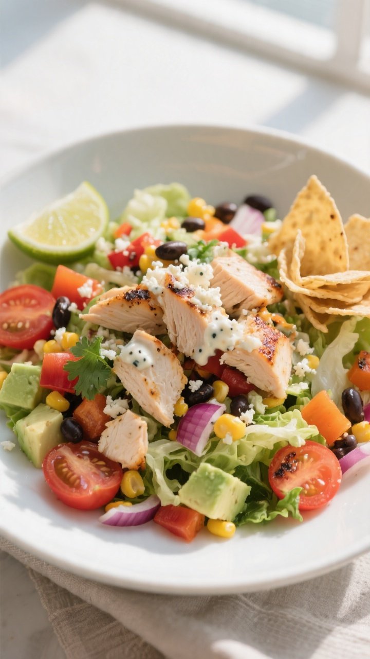 Final plated dish beauty shot: Healthy Southwest Chicken Chopped Salad artfully composed in a wide,