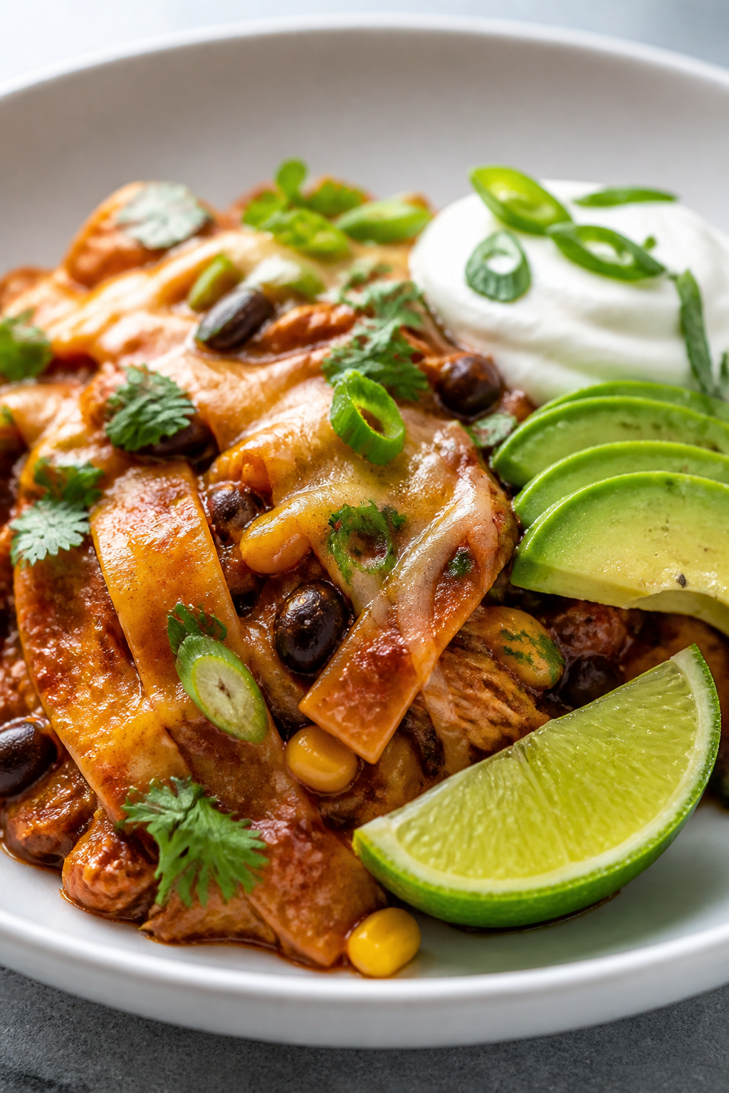 Final plated dish, close-up detail: A single-serve plating of chicken enchilada skillet scooped onto