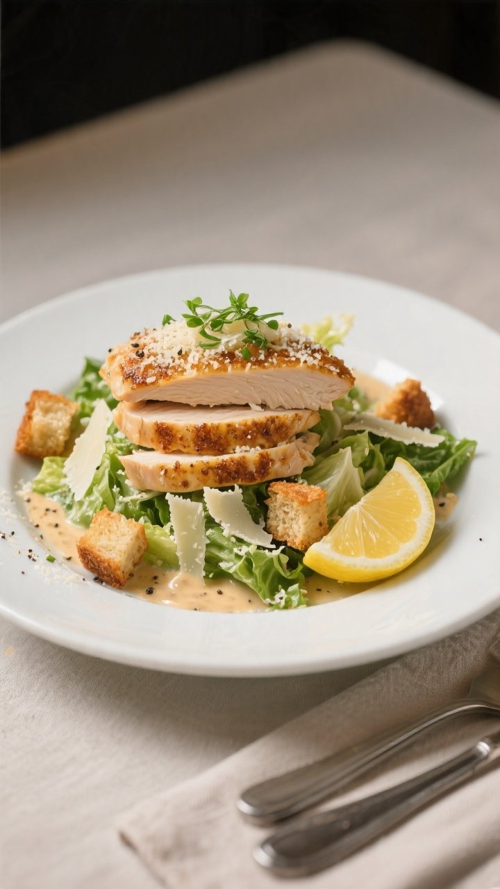 Final plated dish hero: Restaurant-quality plating of Garlic Parmesan Chicken Caesar Salad on a wide