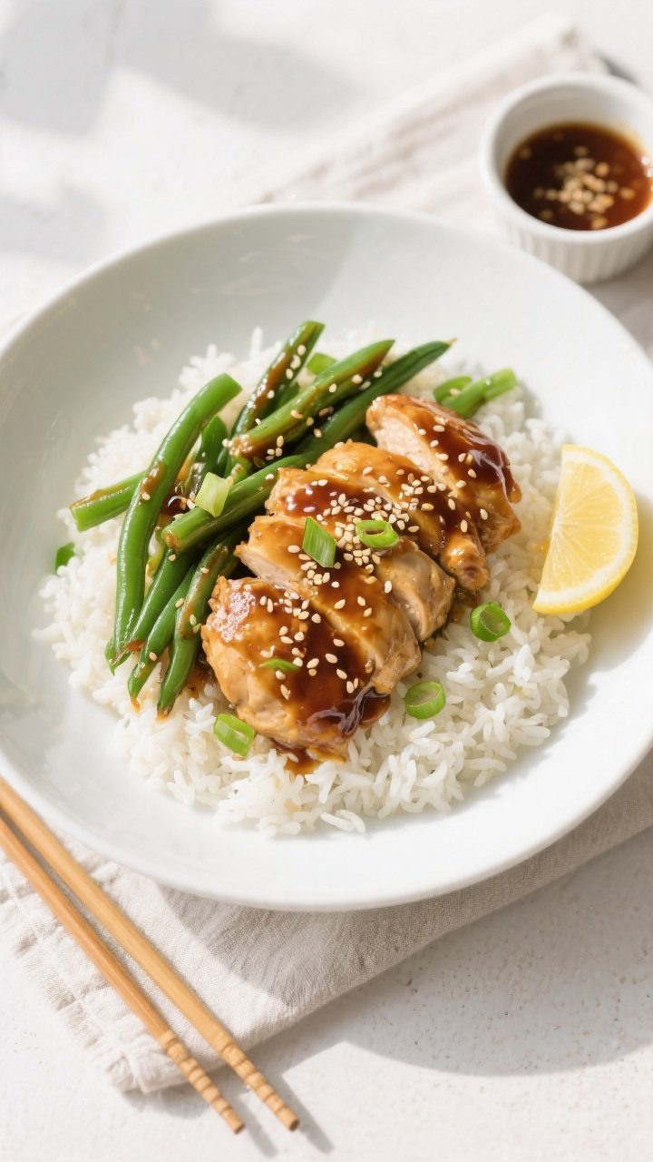 Final plated dish, overhead presentation: Overhead shot of Honey Garlic Chicken and Green Beans serv