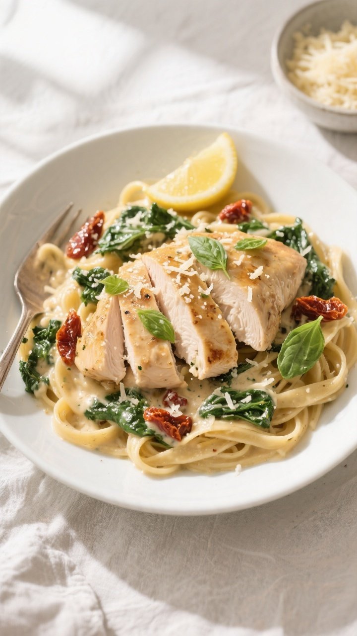 Final plated dish — Overhead weeknight serve: Overhead shot of Creamy High-Protein Tuscan Chicken